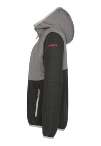 Giubbotto con cappuccio grigio e nero, realizzato in tessuto texturizzato. Presenta una zip completa, tasche laterali e accenti a contrasto su colletto e maniche.