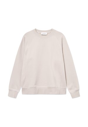 Hellbeige Sweatshirt mit rundem Halsausschnitt, Raglanärmeln, gerippten Bündchen und Saum. Weiche Textur mit dezenten Nahtdetails.