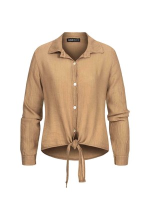 Tan button-up shirt with a textured fabric, long sleeves, and a knotted tie detail at the waist. Features a classic collar and white buttons.