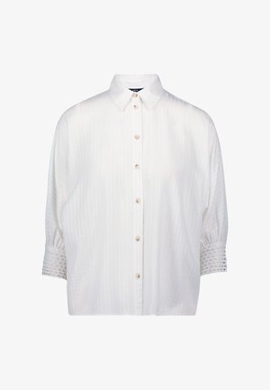 White button-up shirt with a structured collar, textured fabric, and short sleeves featuring gathered accent details.