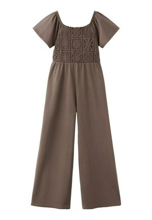 Combinaison marron à manches courtes avec jambes larges et motifs carrés en dentelle crochetée sur la poitrine, avec un décolleté carré.