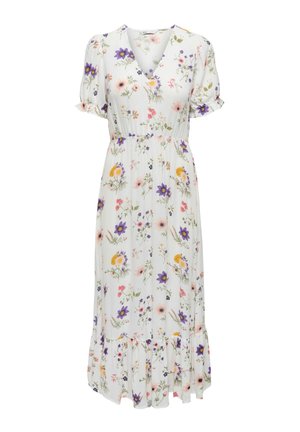 Biała sukienka midi z fioletowym, żółtym i różowym kwiatowym wzorem, krótkimi bufkami, dekoltem w serek, marszczoną talią i falbaną na dole.