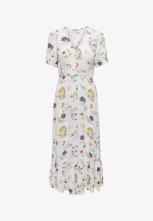 Robe midi blanche à imprimé floral violet, jaune et rose, manches courtes bouffantes, encolure en V, taille froncée et ourlet volanté.