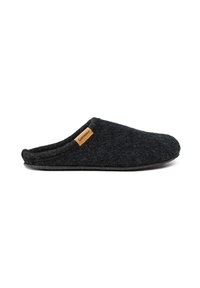 Black felt slip-on slipper with closed toe and tan label on side, displayed on white background.