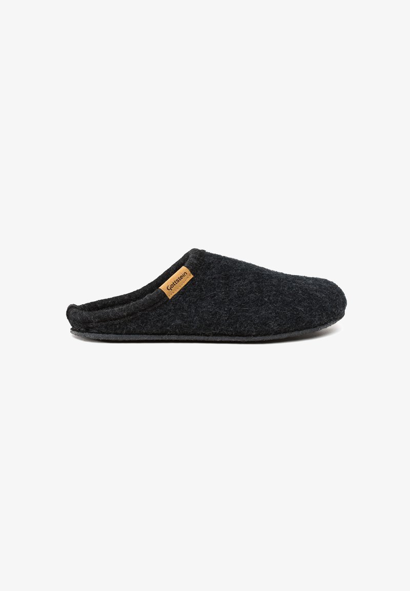 Black felt slip-on slipper with closed toe and tan label on side, displayed on white background.