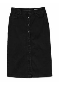 Falda midi de mezclilla negra con cierre de botones en la parte frontal, dos bolsillos laterales y un diseño recto. La tela tiene una textura suave.