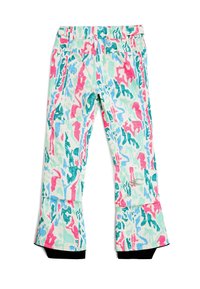 Pantalones acampanados multicolores con un vibrante patrón abstracto en rosa, azul y verde sobre un fondo claro; cinturilla elástica; detalles en negro en los puños.