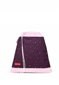 Sacchetto con coulisse di colore viola con un motivo a stelle, caratterizzato da una parte superiore e una base rosa. Realizzato in materiale morbido, include una coulisse bianca per la chiusura.