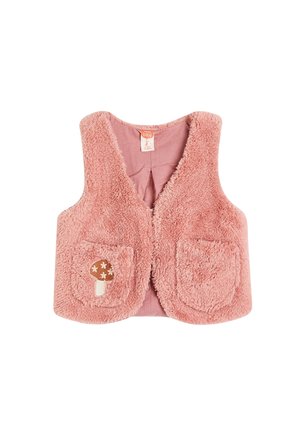 Veste douce en peluche rose pâle pour bébé avec deux poches avant, dont une brodée d'un motif de champignon marron et blanc.