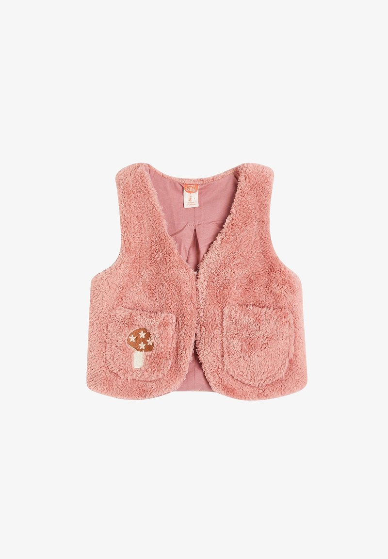 Miękki różowy, pluszowy niemowlęcy kamizelka z dwoma przednimi kieszeniami, z których jedna jest wyszywana wzorem brązowego i białego grzyba.