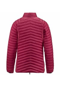 Giacca isolante borgogna con motivo a chevron orizzontale trapuntato, collo alto, scollatura con zip e polsini elastici. Materiale leggero.