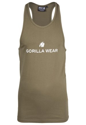 Olive green tank top made of cotton with a classic cut. Features the text "GORILLA WEAR" in white and a gorilla graphic above the text.
