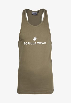 Olivnozeleni top na bazi bombaža klasičnega kroja. Na njem je napis "GORILLA WEAR" v beli barvi in grafika gorile nad napisom.