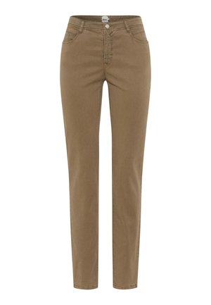 Pantaloni kaki aderenti con chiusura frontale con bottone e cerniera, tasche frontali e passanti per cintura, mostrati su uno sfondo bianco uniforme.