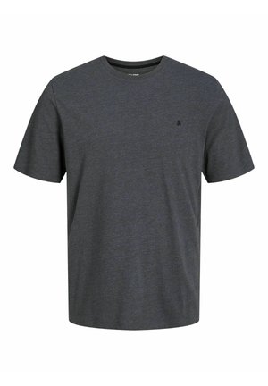 Dark gray cotton t-shirt with short sleeves, round neckline, and a small logo detail on the left chest. Smooth texture and relaxed fit.