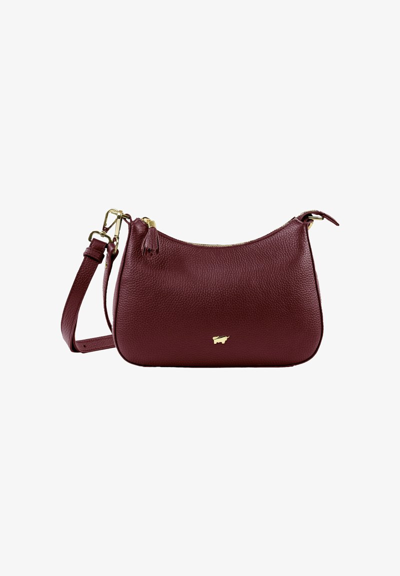 Borsa a tracolla in pelle borgogna con finitura testurizzata, hardware dorato e un piccolo logo d'accento. Presenta una chiusura con zip e una tracolla regolabile.
