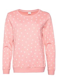 Sudadera rosa de algodón con mangas largas, escote redondo y estampado de hojas blancas en toda la tela.