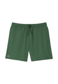 Shorts de bain verts en polyester léger, dotés d'une taille élastique avec cordon de serrage, de poches latérales et d'un petit logo sur l'ourlet.