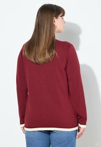 Kastanjefärgad långärmad topp med en krämfärgad fåll och manschetter, slät textur och avslappnad passform. Bakifrån syns en rak skärning och enkel design.