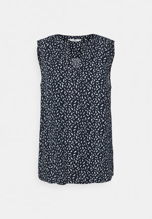 Bezrękawnik w kolorze granatowym z białym wzorem liści. Posiada dekolt w kształcie litery V i luźny krój. Wykonany z lekkiej, teksturowanej tkaniny.