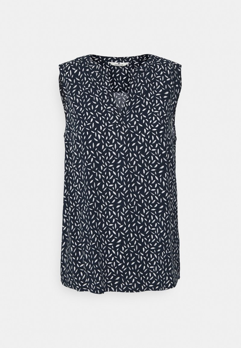 Débardeur bleu marine avec motif de feuilles blanches. Présente un décolleté en V et une coupe décontractée. Confectionné dans un tissu léger et texturé.