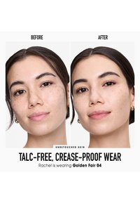 Due immagini affiancate mostrano un volto con lentiggini. A sinistra è senza trucco, a destra presenta del trucco applicato. Entrambi mostrano una texture della pelle liscia.