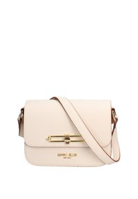 Borsa a spalla color pesca realizzata in pelle testurizzata, con chiusura in tonalità oro, tracolla regolabile e logo del brand impresso sul davanti.