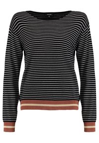 Pitkähihaisen musta-valkoviirullisen neuleen, jossa on pyöreä kaula-aukko, rustinvärinen ja beige ribbireuna, valmistettu pehmeästä materiaalista.