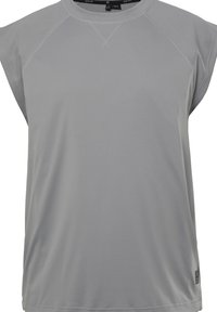 Lichtgrijs sportshirt met korte mouwen, gemaakt van gladde stof, met een ronde halslijn en een minimalistisch ontwerp zonder patronen of accenten.