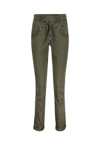 Olivenfarvede, slim-fit bukser med elastisk talje og snøre, med forlommer og opfoldede bukseben. Glat stoftekstur.