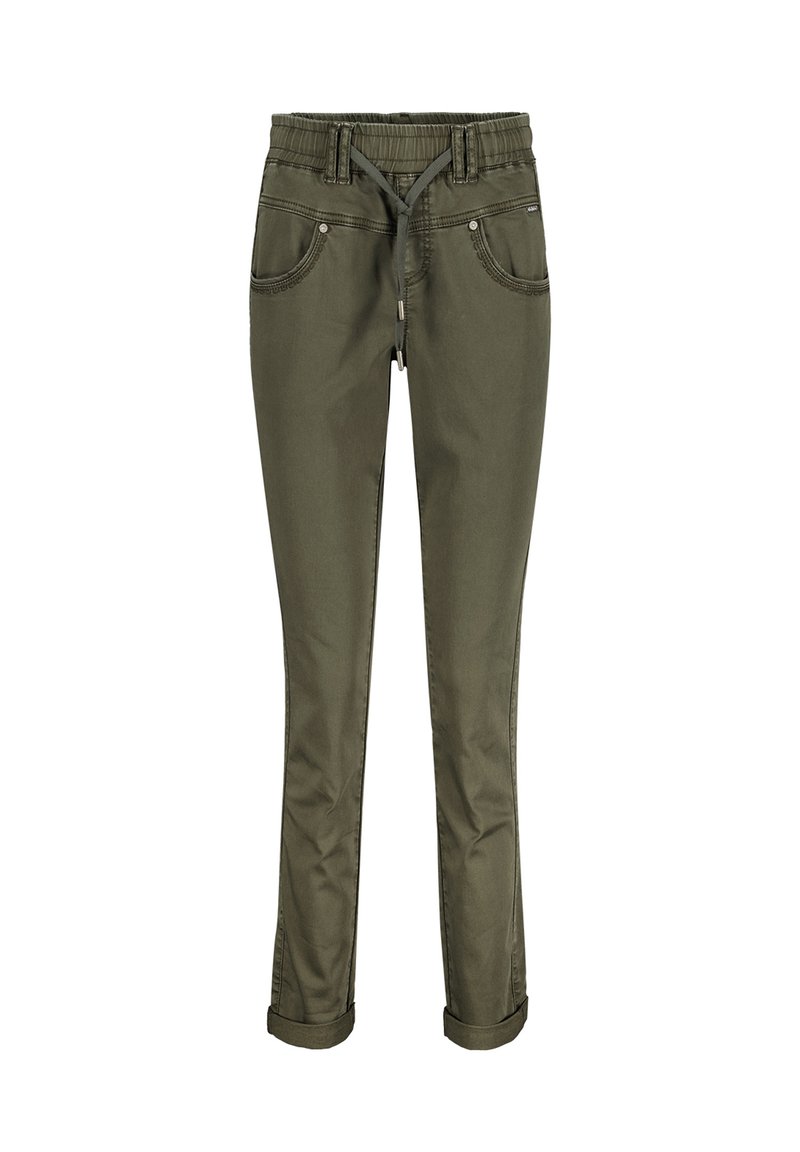 Olivenfarvede, slim-fit bukser med elastisk talje og snøre, med forlommer og opfoldede bukseben. Glat stoftekstur.