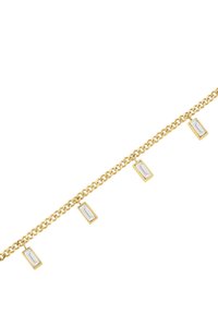 Bracciale in oro con accenti rettangolari trasparenti, dotato di quattro pendenti distribuiti uniformemente lungo la lunghezza. Texture liscia e finitura lucida.