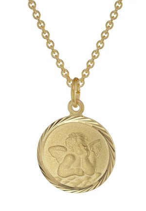 Gold chain necklace with round pendant featuring an engraved cherub resting its head on one hand.