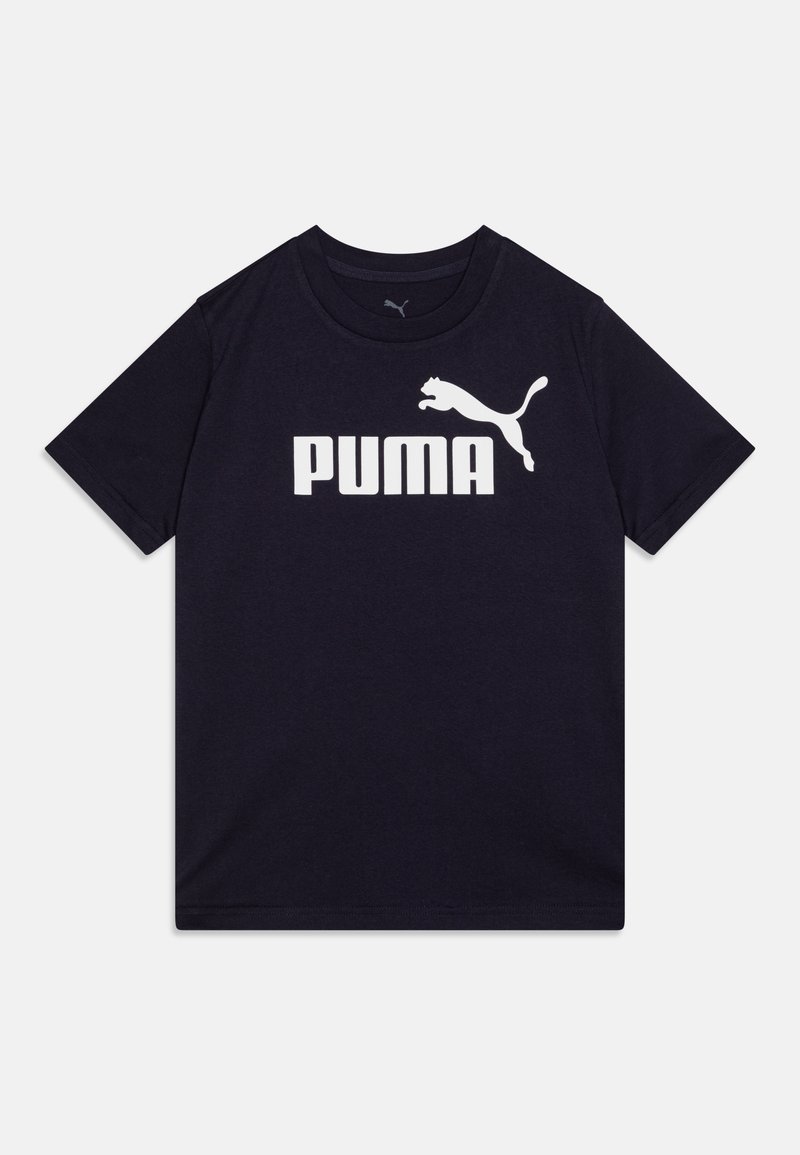 Námořnická modrá bavlněná tričko s velkým bílým logem "PUMA" a siluetou skákající pumy. Krátké rukávy a kulatý výstřih.