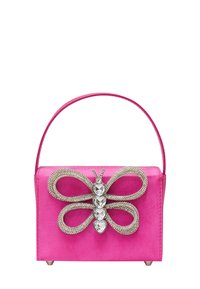 Rosa Satin-Handtasche mit strukturierter Form, ausgestattet mit einer Strass-Schmetterlings Verzierung auf der Vorderseite und einem schmalen Griff.