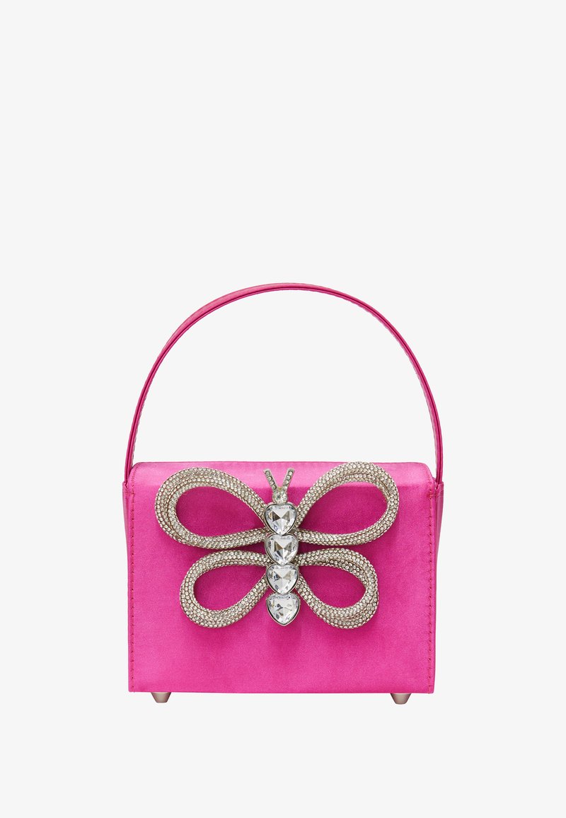 Pink satin handbag with a structured shape, featuring a rhinestone butterfly embellishment on the front and a slim handle.