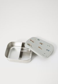 Stainless steel lunchbox with a light green lid featuring colorful vehicle illustrations, and a divided interior for food separation.