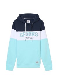 Bluza z kapturem w kolorach granatowym, białym i jasnoniebieskim. Posiada kieszeń z przodu, sznurki ściągające oraz napis "CREEKS ORIGINAL Since 1974" na klatce piersiowej.