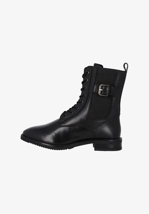 Black leather ankle boot with a rounded toe, lace-up front, elastic panel, and a side buckle detail. Textured upper, sturdy sole.