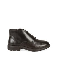 Botte de cheville en cuir marron foncé avec un laçage à l'avant et un bout rond, présentant une semelle en caoutchouc texturée et une fermeture éclair sur le côté.