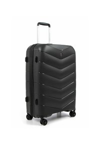 Black hardshell suitcase with a chevron design, featuring a telescoping handle and four wheels for easy mobility.