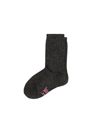 Un único calcetín negro brillante con puño acanalado y pequeño diseño decorativo rosa cerca de los dedos sobre fondo blanco.