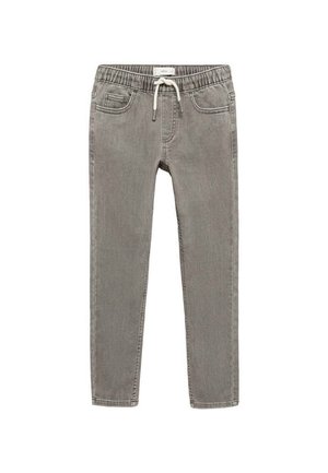 Szare spodnie slim fit z elastycznym pasem i białym sznurkiem, z przednimi kieszeniami i detalami szycia.