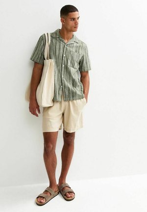 Camisa de rayas verde de manga corta, pantalones cortos beige y sandalias marrones. El modelo sostiene una bolsa de tela de color beige claro, de pie sobre un fondo blanco.