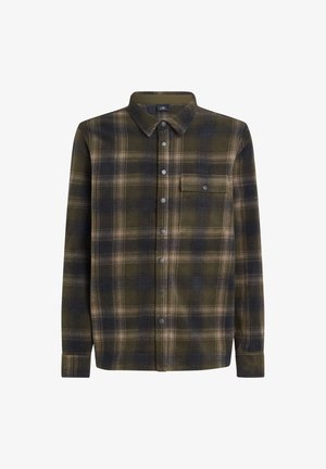 Roheline ja must ruuduline flanellist särk nööpidega kaeluse, pikkade varrukate, esikoti ja metallnuppudega. Pehme tekstuur.