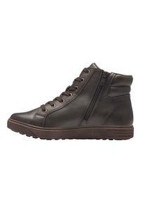 Scarpe alte in pelle marrone scuro con cerniera laterale, punta tonda, lacci marroni e suola in gomma testurizzata. Presentano cuciture e accenti discreti.