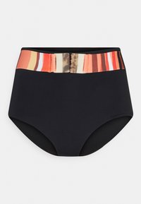 Biquíni preto de cintura alta com um cinto de tecido listrado colorido e um detalhe de fecho brilhante na frente. Textura lisa e elástica.