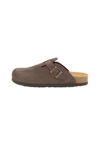 Brauner Wildleder-Blockabsatzschuh mit einer einstellbaren Schnalle, Korkfußbett und strukturiertem Gummisohle. Abgerundete Zehenpartie mit minimalistischen Design.
