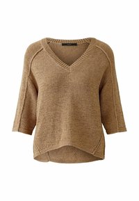 Brauner Strickpullover mit V-Ausschnitt, kurzen Ärmeln und lockerer Passform, aus strukturiertem Stoff mit seitlichen Schlitzen für zusätzliche Details.