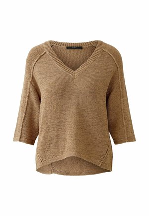 Brauner Strickpullover mit V-Ausschnitt, kurzen Ärmeln und lockerer Passform, aus strukturiertem Stoff mit seitlichen Schlitzen für zusätzliche Details.